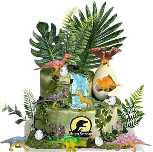 Decoración de tartas de cumpleaños, decoración de tartas de la selva, dinosaurios, decoración de fiestas, dinosaurios, huevos, hojas de la selva, decoración de fiestas infantiles