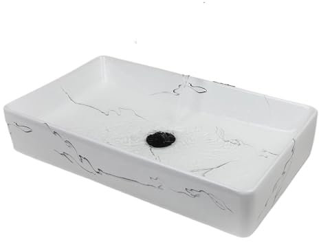 QAUUCP Lavabo da Bagno Rettangolare in Ceramica, lavabo da appoggio, di Grandi Dimensioni, con Rubinetto a Cascata Nero e Set di Scarico Pop-up Lavandino Bagno(White)