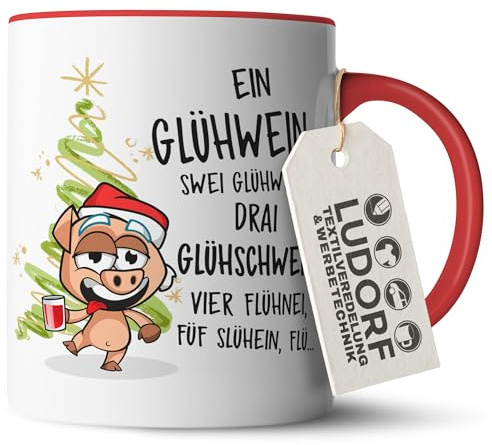 #teamludorf Rot Tasse Rot - Glühwein Aufdruck, Baum, Weihnachtsmütze - 300 ml Keramiktasse, langlebiger Druck, mikrowellenfest, Geschenkidee für Weihnachten, Feiertagsstimmung