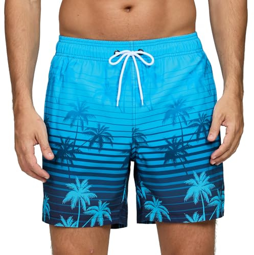 Herrbadshorts mode tonade shorts för Storbritannien män snabbtorkande strand bräda surfshorts med fickor nätfoder, Kokos palm, XXL