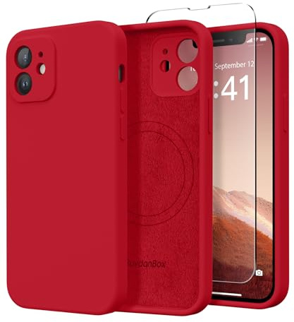 SuydanBox Magnetische Hülle für iPhone 12, kompatibel mit MagSafe, [Vollständiger Kameraschutz] [Displayschutzfolie] Stoßfeste Silikon-Schutzhülle für iPhone 12 6,1 Zoll, Rot