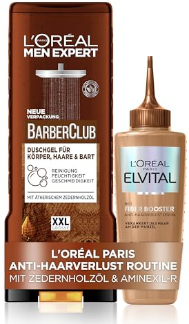L'Oréal Paris Männer-Pflegeset: Elvital Fiber Booster Kopfhaut-Serum & Men Expert Barber Club Duschgel,Gegen Haarverlust, stärkt Haar & reinigt Körper, Gesicht und Bart,2-teilig