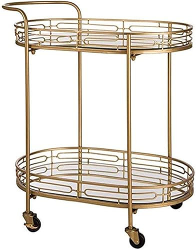 HUIBBGO Goldfarbener, ovaler Barwagen mit Zwei Ebenen auf Rädern mit verspiegelter Glasplatte, Deluxe-Servierwagen aus Metall für Wein und Tee, Aufbewahrungswagen für die Küche
