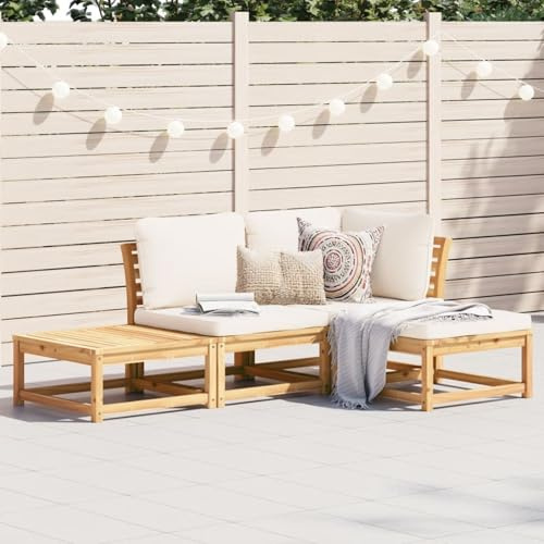 IKAYAA Gartenlounge Holz Möbel Set für Balkon und Terrasse mit Kissen, Akazienmassiv, Cremefarbe, 4-Stück