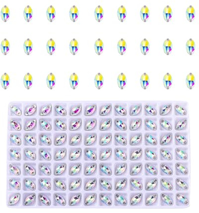 SWTHONY 84pcs 5 x 10mm AB Horse Eye Shaped Sew On Rhinestones for Crafting, Crystal Glass Gems Silver Plated Flatback Jewels with 2 Holes for Crafts Clothes Fabric