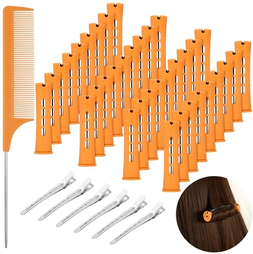 43 Pcs Hair Perm Rods Set, Large Plastic Cold Wave Rods Orange Curling Rods with Rat Tail Combs Hair Clips for Long Short Hair