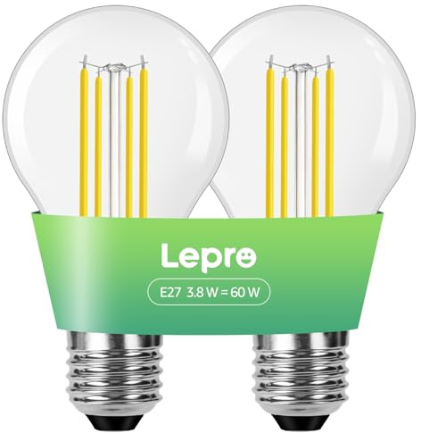 Lepro Ampoules LED E27 Haute Efficacité avec Classe Énergétique A, 806LM, 3.8 W Équivalent 60 W, Blanc Chaud 2700K, A60 Forme Balle de Golf, Angle de Faisceau 300 °, Non Dimmable, Lot de 2