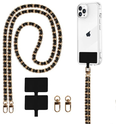 Knrlqim Cordon Telephone Portable Universelle avec 2 Patchs, Lot de Universal Chaine Telephone Portable Collier de Longe pour Cou et Poignet, Compatibles avec Plupart des Smartphones, Or Noir