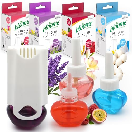 Bloome 4pk Plug-In Scented Oil Air Freshener 20ml - Fragranced Oil Wall Plug In Air Fresheners for Home, Bedroom, Office - Long Lasting Refills for Pet Odours, Kitchen, and Room Freshness