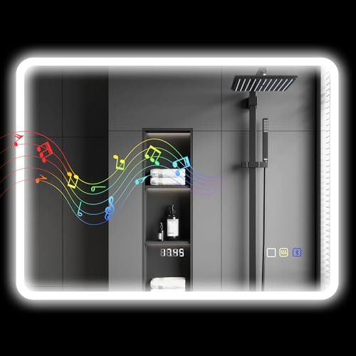 HOMCOM Espejo de Baño con Luz LED Bluetooth 80x60 cm Espejo de Pared con 3 Colores de Luz Brillo Ajustable Función Antivaho Función de Memoria Interruptor Táctil IP44