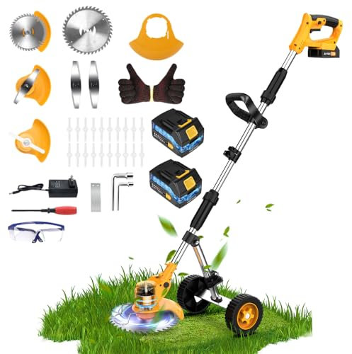 21V Decespugliatore Elettrico con Batterie e Caricabatterie, Tagliabordi a Batteria con Lama Decespugliatore a Batteria con 2x2000mAh Batterie Tagliabordi Elettrico a Ruota e Telescopica