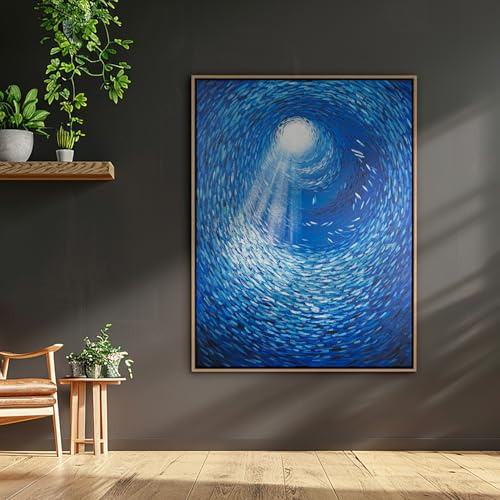 AUREDAS XXL Gemälde handgemalt - Tiefen der Stille - 150x200cm groß, mit Schattenfugenrahmen Eiche Hell, für Wohnzimmer Schlafzimmer, Büro, ein hochformat Wandbild als Leinwandbild