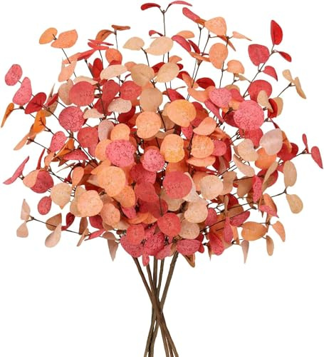 HNNFMY Lot de 5 bouquets de fleurs artificielles d'automne avec tiges d'eucalyptus artificielles en soie synthétique pour arrangement floral, Thanksgiving, Halloween