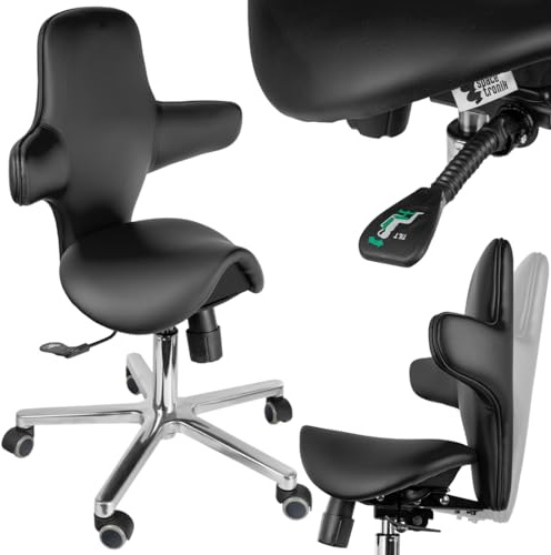 Spacetronik Sgabello con Schienale Regolabile, Sedia Ergonomica da Lavoro con Seduta a Sella, Altezza Regolabile 48–62 cm, Base in Acciaio con 5 Ruote Silenziose (Nero)