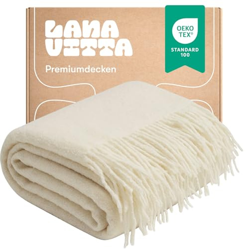 Lanavitta – Bouclé Wolldecke „Premium“ – Kuschelige Tagesdecke & Plaid – Sofadecke, Couchdecke, Bettüberwurf & Sesseldecke – 80% Wolle, 20% Polyester – Weiß – 140x200 cm