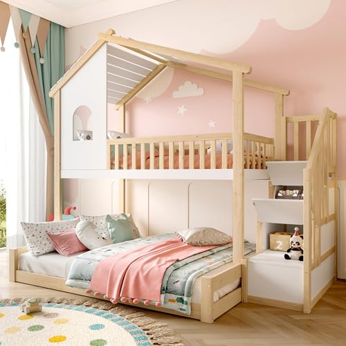 Litera con protección contra caídas Escalera Almacenamiento Cama de casa con Ventana Camas Alta con somier Listones Bed pie para Adultos Invitados sin colchón Blanco+Madera 90x200 + 140x200