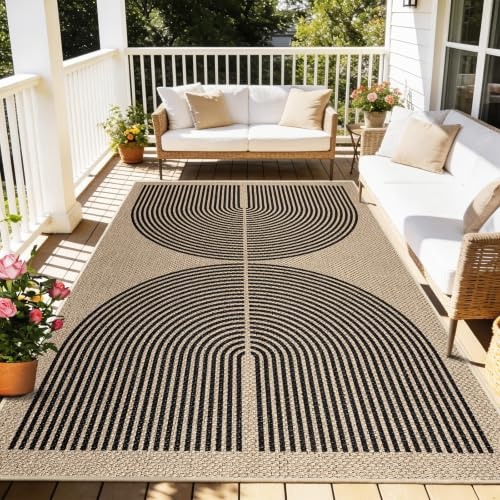 Capslpad Outdoor Teppich 160x230cm, Jute Aussehen Wetterfest, rutschfest Flachgewebe Waschbar Teppiche, Robust Küchenteppich für Wohnzimmer, Balkon, Terrasse, Küche, Garten, Farbe:Schwarz