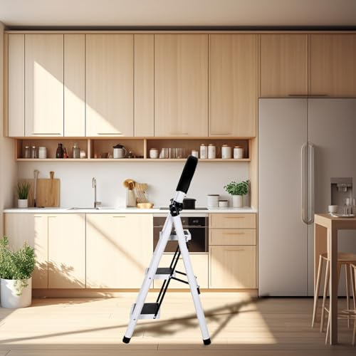 Escabeau Pliable en Acier, Marche Pied avec Plateforme de Travail,Charge 180 kg, Tabouret en Acier Marche Pied Adulte,pour la Maison,Cuisine, Placard et Bureau,104 x 57 x 41,5 cm–3 étapes (Blanc)