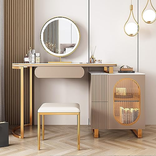 Modernt sminkbord med justerbar spegel och förvaringsskåp snyggt toalettbord med stol för sovrum eleganta möbler för skönhetsrutin