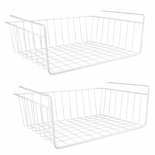 raxter Under Shelf Storage Basket, 2-Pack Hanging Metal Wire Organizer for Kitchen, Office, Pantry, Bathroom, Cabinet, White, 39 x 26 x 14 cm