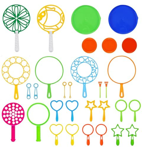 Bubble Wands - 31 Piece Set, 6 Large, 2 Medium & 18 Small for Shared Use | Plastic wands, 26 wand pieces, 5 trays, 3 sizes, circle, star & heart openings, group use, garden, beach, parties