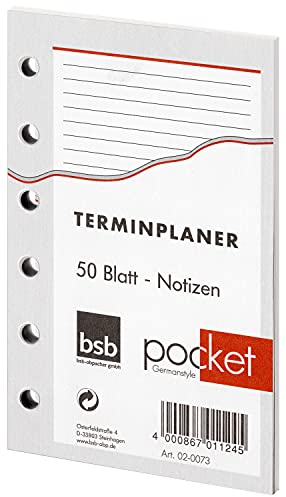 bsb Ersatzeinlage Notizen - 6-fach Lochung - Größe: circa A7 - für bsb Pocket Terminplaner Organizer, 02-0073