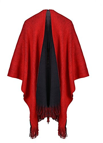 UK_Stone Poncho Damen Cape Trachtentuch Umhang Stola Unifarbig Schultertuch aus Acrylic Doppelseitige Schals mit Quaste Herbst und Winter, Rot schwarz