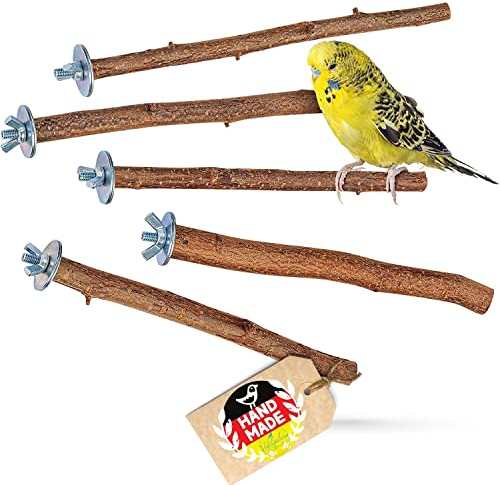 Vogelgaleria® 5 herrliche Natur Sitzstangen für Vögel wie Wellensittich, Nymphensittich, Kanarienvogel, Agaporniden | Naturholzstangen für den Vogel als wichtiges Vogelzubehör im Vogelkäfig | Zubehör