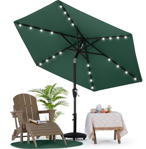 MasterCanopy 230 cm Sonnenschirm neigungsverstellbar, mit 24 Solar-LED, 6 Rippen und Kurbel, für Patio, Garten, Terrasse, Markt, Dunkelgrün
