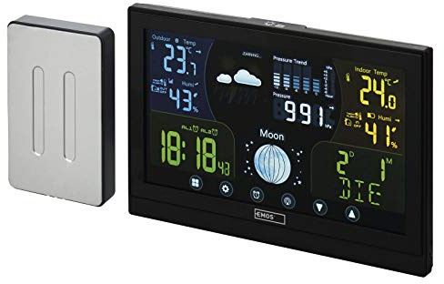 EMOS - Funk-Wetterstation mit Außensensor - Touchscreen-Farbdisplay, Thermometer, Hygrometer, Barometer, Wettervorhersage - DCF Funkuhr - 13 Funktionen - inkl. Netzteil, Wand-/Tischhalterung