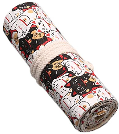 Anawakia Wrap Leinwand Stifterolle Bleistift Wrap Tragbar Stifterolle Bleistifthalter Reise Stiftehalter Buntstifte Federmäppchen Roll-up Mäppchen Tasche Organizer (Glückliche Katze,72 Slots)