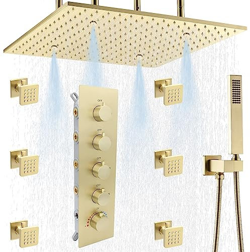NPYSVSSS Luxus Überkopf-Regenduschsystem mit Ganzkörperstrahlen, 40,6 cm Decken-Multikopf-Duschsystem mit Handsprüher und Thermostatventil-Kit, kann alle Funktionen auf einmal nutzen, gebürstetes Gold