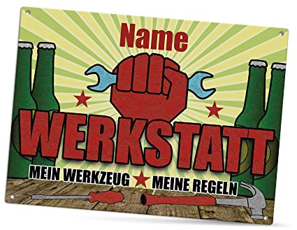 Werkstattschild selbst gestalten - Werkstatt, Mein Werkzeug, Meine Regeln - Metallschild personalisiert mit Name, Geschenk für Männer | Wetterfest, 28x20 cm