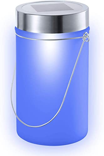 Lampe solaire à LED - Lampe de soleil décorative - Lanterne solaire dans un bocal en verre avec arceau - Lampe décorative à suspendre - Lampe solaire en verre (bleu)