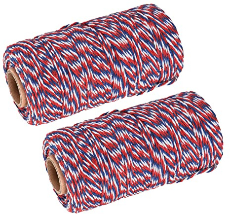 sourcing map Cordel Embalaje Cuerda Envoltura Algodón Cordel 100M/109 Yardas Rojo Azul y Blanco Cuerda para Regalo Envoltura, Navidad Cordel, Paquete de 2