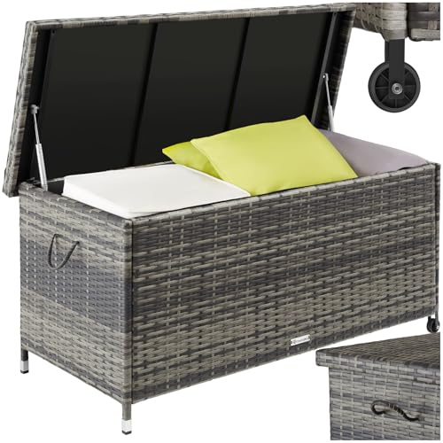 tectake® 270L Garden Storage Box with UV-Resistant Polyattan Weave & Powder-Coated Steel Frame, Lockable Outdoor Storage Box with Gas Spring, 2 Castors & Removable Inner Lining, Easy Assembly - Grey