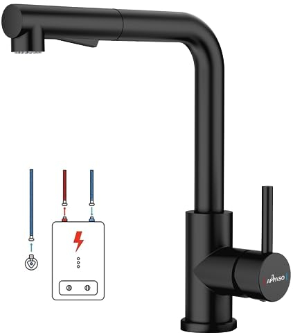 APPASO Rubinetto da cucina a bassa pressione nero, rubinetto da cucina allungabile, 3 connettori, rubinetto da cucina con due tipi di getto d'acqua, miscelatore da cucina per caldaia