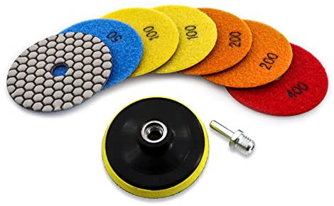 KURSTOL Sec Disque Polissage Diamant - 4″/100mm 7×Tampon Polissage Grain 50×2/100×2/200×2/400, 1 Support en Plastique avec Filetage M14, 1×Adaptateur pour Granit Marbre Pierre Artificielle Quartz