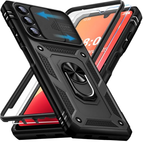 Giyer Handyhülle für Samsung Galaxy A14 5G Hülle mit Schutzfolie, Schutzhülle mit Kameraschutz 360° Drehbarer Metall Ring Ständer Stoßfest Bumper 6.8 Case Cover (Schwarz)