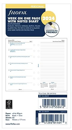 Filofax Persönliche Woche pro Seite mit Notizen 5 Sprachen 2024 Terminplaner