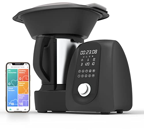 Baridi All-in-One Smart Kitchen Robot Thermo-Cooker, 18 Preset Cooking Functions, App Guided Recipes, Blender, Juicer, Mixer, Sous Vide, Steamer, Built-in Scales and Self Clean Function, Black – DH163