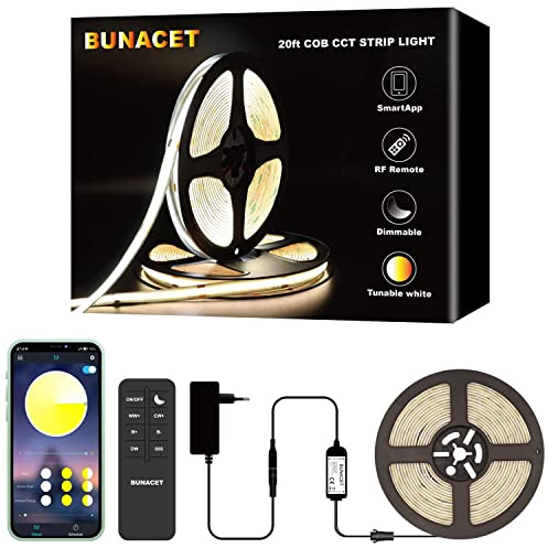 BUNACET COB LED Streifen 6M 24V Dimmbar Warmweiß bis Kaltweiß App | 3456 LEDs, steuerbar per App und RF-Fernbedienung mit Timerfunktion für Küche, Schlafzimmer und Wohnzimmer.