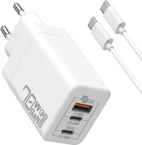AVUMDA 70W USB C Ladegerät, 3-Port Type C PD 3.0 GaN Netzteil USB C Netzteil 100W Kabel enthalten für MacBook Pro Air M1 M2 Dell XPS iPhone 15 iPad Pro Air Samsung Galaxy S23 Ultra Plus S22 Steam Deck