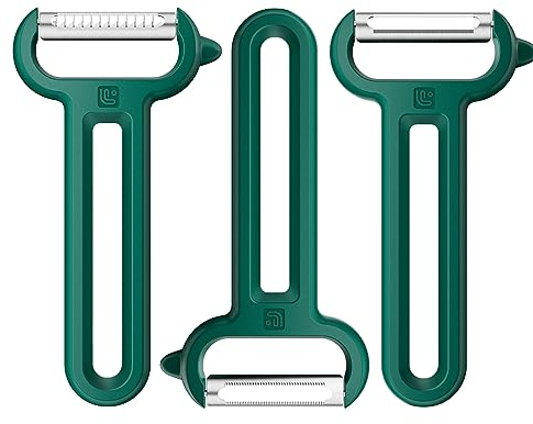 Linoroso 3PCS Sparschäler mit Spitzen Spitzen, Y-förmige Glatte, Gezackte und Julienne-Klinge zum Schälen und Streifen von Obst und Gemüse, Schärfe, Geschmeidigkeit und Bequemer Griff - Grün