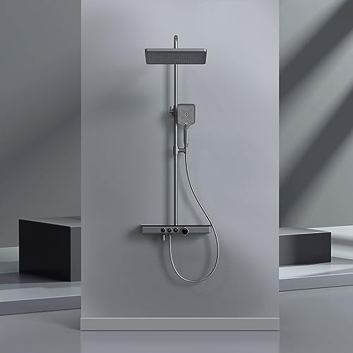 EMKE Duschsystem Duschset mit Theramostat Regendusche und Handbrause 3 Strahlarten, 45cm Thermostatische Platte, 36cm Regendusche, Freie Winkel- und Höhenverstellung, KTW Zertifizieren, Gunmetal