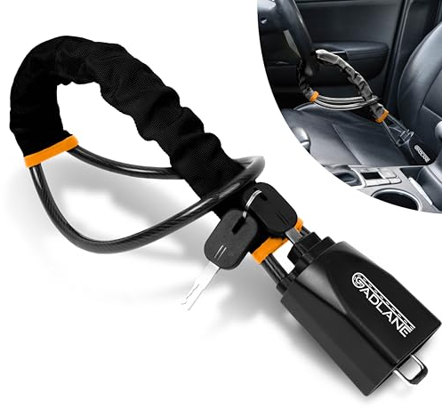 GADLANE Bloccasterzo per cintura di sicurezza, doppio dispositivo antifurto per auto, adatto per auto, caravan, con 2 chiavi (nero)