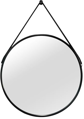 BD ART Wandspiegel mit Aufhängeband aus Leder, 60 cm runder Spiegel für das Schlafzimmer, Badezimmerspiegel, Schwarze, Wandspiegel für den Flur