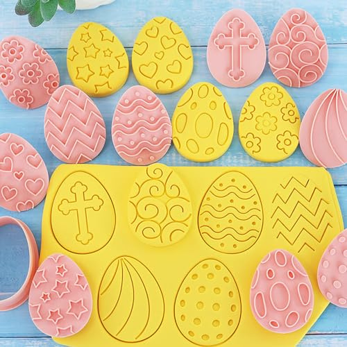 RUIYWEN 10 Moldes de Galletas Pascua 3D Cortador Galletas de Plástico Moldes Huevos para Galletas Fondant Chocolate Cookie Pan Repostería