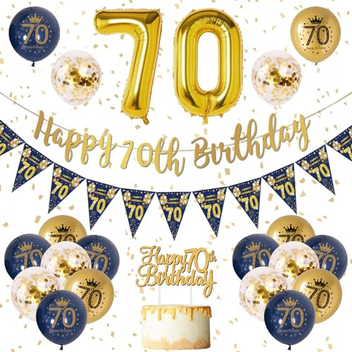 70. Geburtstag Dekoration Männer - Blau Gold Girlande Banner, Luftballons & Konfetti für Männer 70. Geburtstag