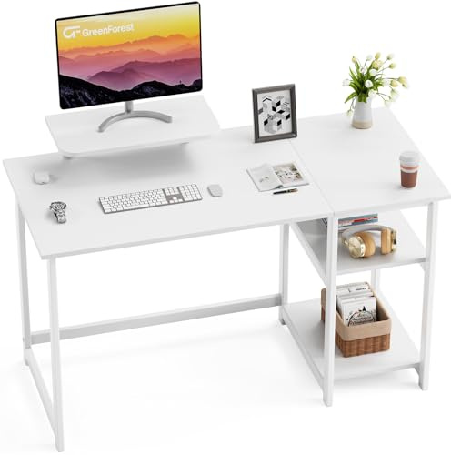 GreenForest Computer Desk with Monitor Stand,100cm Home Office Desk with Reversible Storage Shelves,Study Desk for Home and Small Spaces,Full White